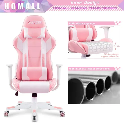 Miniatura 5 de Homall - Silla ejecutiva con respaldo alto, de piel sintética, ergonómica, ajustable y giratoria con soporte lumbar y reposacabezas para juego, Rosa