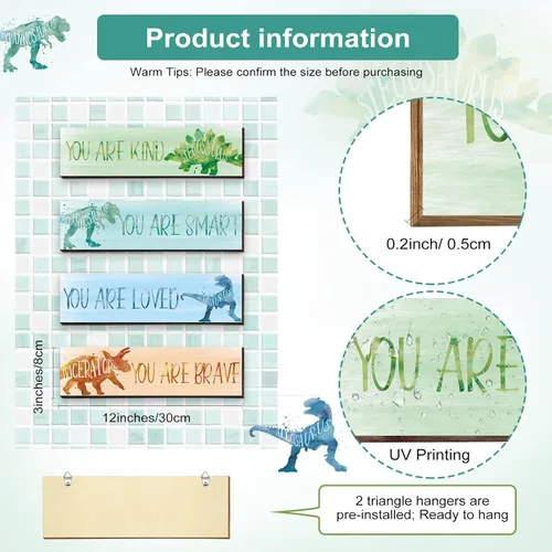 Miniatura 2 de Yalikop 4 piezas de decoración de habitación de dinosaurio para niños, pósters inspiracionales placa de pared para dormitorio de niños guardería