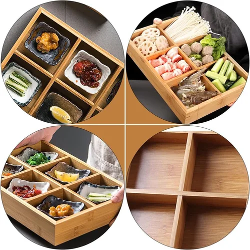 Miniatura 6 de Cabilock Plato de bambú para ollas calientes con 6 compartimentos, bandeja dividida para verduras, frutas, servir cocina, comedor, 12.00 x 8.26 x
