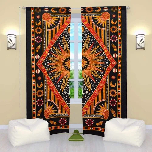 Miniatura 14 de Popular Handicrafts – Cortinas de ventana con diseño de mandala hippie indio, estilo bohemio, sol ardiente, luna gitana, hermosas cortinas