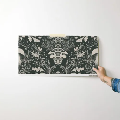 Miniatura 7 de Papel tapiz para despegar y pegar, diseño de damasco de bosque de hongos, verde oscuro, bosque, caracol, helecho, bellota, papel tapiz extraíble