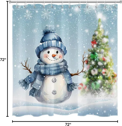 Miniatura 8 de EOBTAIN Cortina de ducha de muñeco de nieve azul de invierno para baño, árbol de Navidad y copo de nieve en la escena de la nieve, cortina de ducha