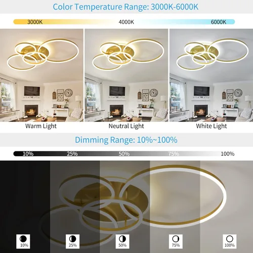 Miniatura 2 de Lámpara de techo LED moderna de 90 W, regulable, con control remoto, 5 anillos, lámpara de techo de acrílico dorada para sala de estar, dormitorio