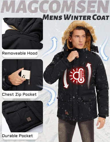 Miniatura 6 de MAGCOMSEN Men's Winter Coat Fleece Lined Parka Jacket Hooded Puffer Jacket Thicken Warm Fur Coat Men Outerwear