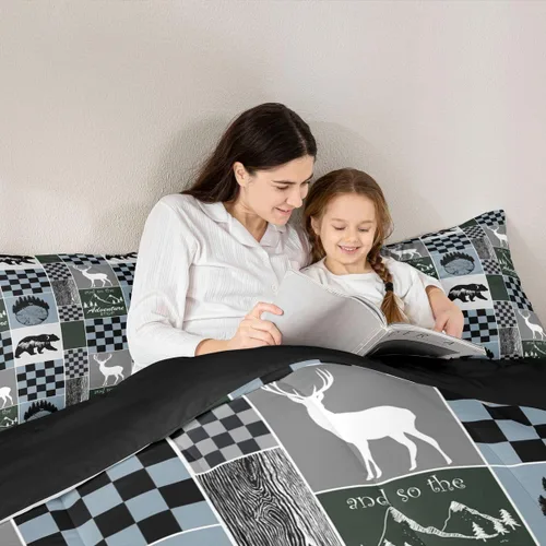 Miniatura 155 de Juego de edredón de oso y ciervo, tamaño individual, ropa de cama de animales salvajes de caza, colcha rústica de cabaña, casa de campo, cuadros