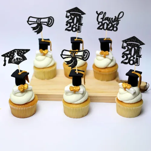 Miniatura 6 de 24 piezas 2026 decoraciones para cupcakes de graduación 2026 con purpurina clase de 2026 para graduación de graduación para felicitaciones 2026