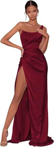 Vestido de dama de honor de satén de un hombro para mujeres, adolescentes, vestidos largos de graduación con abertura, vestidos de fiesta formales
