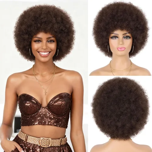 Miniatura 13 de G&T Wig - Pelucas afro de los 70 para mujeres de raza negra, pelucas afro rizadas de marrón oscuro, pelucas completas suaves y naturales con aspecto