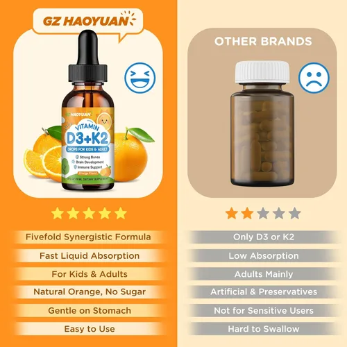 Miniatura 6 de Gotas de vitamina D3 K2 para niños, suplemento líquido con calcio, Omega 3, zinc, vitamina D3 K2 para absorción de calcio huesos saludables