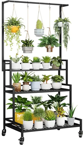 Miniatura 7 de Soporte para plantas de interior, estante de metal de 3 niveles para exterior, con ruedas para múltiples plantas, soporte escalonado para macetas