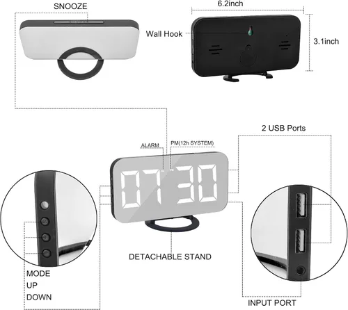 Miniatura 4 de Reloj Digital con Pantalla Grande, Relojes Despertadores LED Eléctricos con Superficie de Espejo para Maquillaje con Modo de Atenuación, 3 Niveles