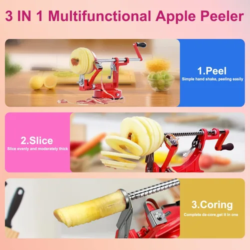 Miniatura 3 de Pelador de manzanas, cortador de patatas 3 en 1, acero inoxidable resistente con base de ventosa y 3 cuchillas adicionales (rojo)