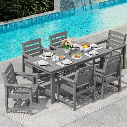 Miniatura 6 de SERWALL Juego de Mesa de Comedor de HDPE para Exteriores, Juego de 7 Piezas de Mesa de Comedor al Aire Libre con Mesa con Corte para Agujero de Gris
