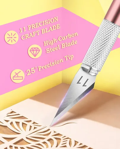 Miniatura 3 de DIYSELF 1 pieza Cuchillo de Manualidades Cuchillo Exacto con Kit de 11 piezas de Cuchillas de Acero Inoxidable, 1 pieza Regla de Acero de 5.9 Oro