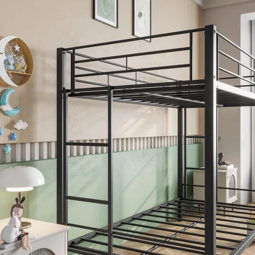 Miniatura 6 de HAUSHECK Literas individuales para 2 niños, litera individual sobre individual con dos escaleras laterales y barandillas de longitud completa