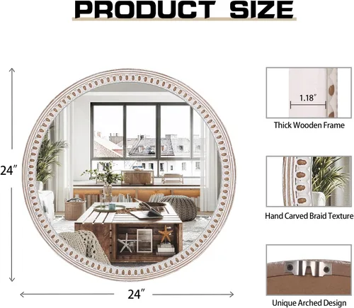 Miniatura 7 de Espejo de pared redondo de madera rústica de 24 pulgadas, espejos circulares decorativos para baño sobre fregadero, sala de estar, entrada, Estilo 2