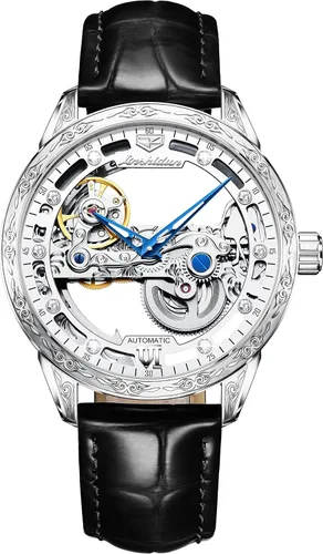 Miniatura 2 de Relojes de cuero de esqueleto para hombre, vestido de lujo automático, mecánico, automático, impermeable, luminoso, relojes de pulsera