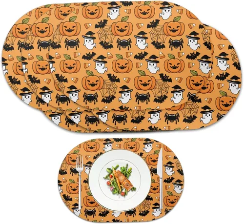 Miniatura 51 de Pumpkin Placemats Set of 4 Ghost Non Slip Washable Heat Resistant Place Mats 12x18 Inch Round Tablemats for Dining Kitchen Party Daily Table Decor