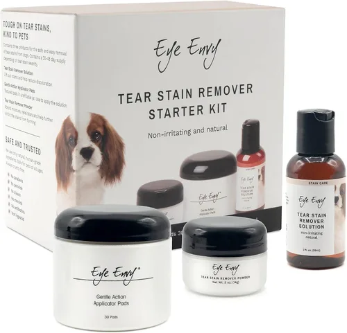 Eye Envy Kit de iniciación para eliminar manchas de lágrimas para perros. 100% natural, seguro. Contiene: solución de manchas, almohadillas