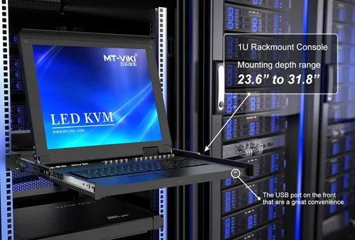Miniatura 5 de MT-VIKI Conmutador KVM para rack con monitor LCD de 17 pulgadas, conmutador KVM VGA de 16 puertos con monitor táctil de teclado, apto para rack
