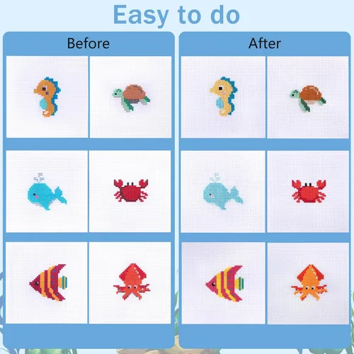 Miniatura 3 de Caydo Kit de punto de cruz de animales marinos de 6 piezas para niños con tela Aida estampada, aros de bordado, llaveros, herramientas de bordado e