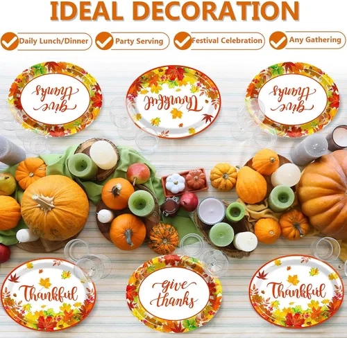 Miniatura 5 de Qyeahkj 50 platos de papel ovalados de Acción de Gracias, grandes, 11 pulgadas, desechables, decoraciones de fiesta de otoño, suministros