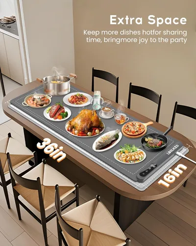 Miniatura 5 de Tapete de calentamiento para alimentos, extra grande, 36 x 16 pulgadas, 580 W, con almohadilla resistente al calor, platos para bufé, 6