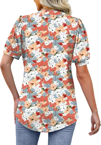 Miniatura 5 de OFEEFAN Blusas plisadas de manga abombada para mujer, cuello en V, holgadas, dobladillo curvado, blusas elegantes, informales, S-3XL