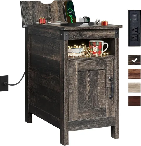 WLIVE - Mesa auxiliar con estación de carga; mesa auxiliar estrecha para sala de estar, mesa de noche de estilo granja con almacenamiento, pequeño