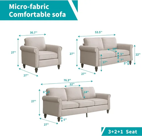 Miniatura 2 de BALUS Juego de sofá de 3 piezas, cómodos sofás de lino para sala de estar con patas de madera, muebles de sala de estar con marco de madera Beige