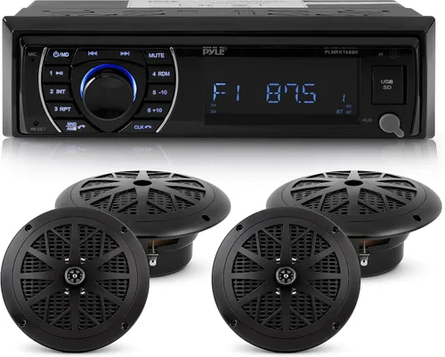 Kit de receptor de unidad principal marina Pyle - Estéreo digital LCD en el tablero Bluetooth y micrófono integrados con sistema de radio AM FM,