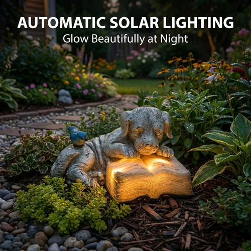 Miniatura 3 de Topadorn Estatua de jardín solar para cachorros con libro LED brillante, perro de resina pintado a mano con pájaro azul, decoración de patio al aire