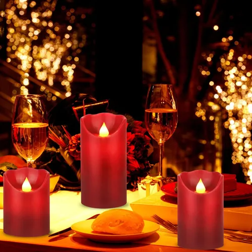 Miniatura 5 de JUNPEI - Juego de 3 velas LED parpadeantes de pilas que duran 300 h, color rojo, cera real, control remoto de 10 teclas, temporizador de 24 h