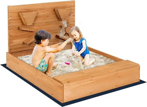 HONEY JOY Caja de arena con pared de arena de 30 pulgadas, pozo de arena sin fondo de cedro con embudo, canaletas, caja de almacenamiento, forro