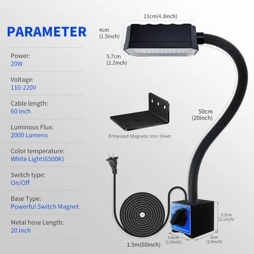 Miniatura 5 de Luz de trabajo magnética, 2000 lúmenes, luz LED para máquina con base magnética fuerte, lámpara magnética flexible de 20 pulgadas para garaje