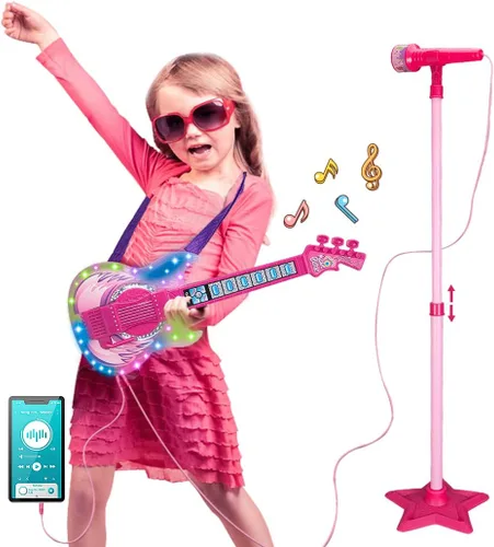 Miniatura 2 de TAKIHON Juego de guitarra y micrófono para niños, juguetes de guitarra con música y luz colorida, micrófono de altura ajustable con soporte