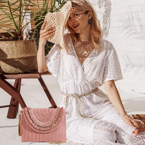 Miniatura 6 de Monederos de paja para mujer, bolso de paja para mujer, bolso de mano bohemio, bolso de mano de paja, bolso de playa para mujer, artículos