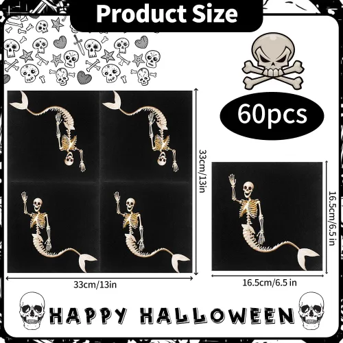 Miniatura 4 de 60 servilletas de Halloween – Servilletas de papel desechables de 6.5 x 6.5 pulgadas, servilletas negras de esqueleto de sirena para reuniones