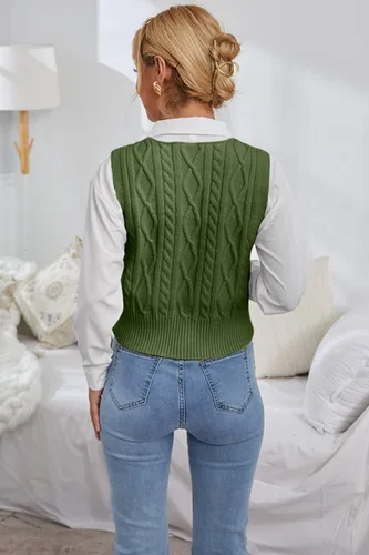 Miniatura 5 de Aoysky Suéter chaleco con cuello en V para mujer, sin mangas, suéter de punto trenzado, color sólido, sin mangas, ajuste holgado