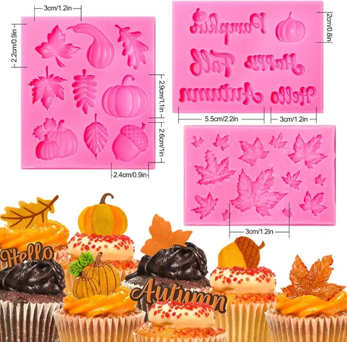 Miniatura 2 de Whaline Paquete de 3 moldes de fondant de otoño, calabaza, hojas de arce, moldes de silicona de resina de caramelo de otoño para hornear chocolate