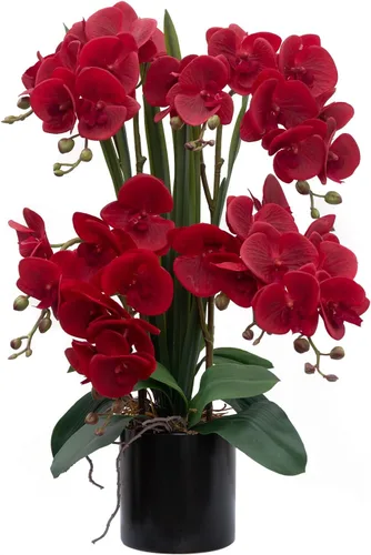 Miniatura 31 de CXGS Planta de orquídeas artificiales de tacto real, orquídeas falsas en jarrón de cerámica, naranja, 19.7 pulgadas, arreglo floral falso