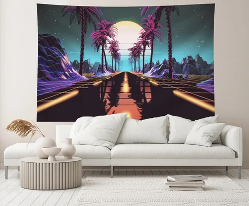 Miniatura 4 de 5x3ft Retro Futuristic 80s Backdrop Retrowave Neon Lights Road Tropical Trees Mountain Sun Starry Sky Background Cyberpunk Video Game Punk Birthday