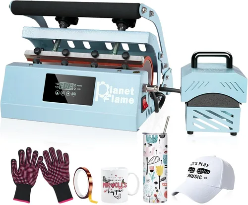 Máquina de Prensa de Calor para Vasos y Gorras PlanetFlame, Máquina Combo 2 en 1 para Tazas y Gorras con Guantes y Cinta Resistente al Calor de Alta