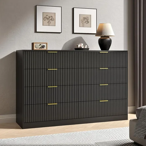 Miniatura 20 de Cómoda negra con 7 cajones, cómoda acanalada de 55 pulgadas de ancho para dormitorio con mango de metal, cómoda, soporte de TV de madera para Negro