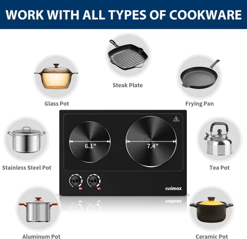 Miniatura 2 de CUSIMAX Placa caliente eléctrica de 1800 W, quemador doble de encimera para cocinar, quemador eléctrico portátil con control de temperatura Negro