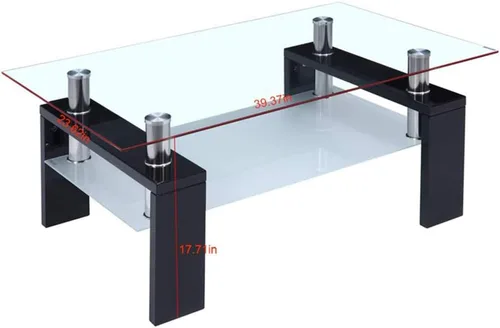 Miniatura 2 de Mesa de centro rectangular de cristal, moderna mesa de centro lateral con estante inferior, patas de madera para muebles de sala de estar (negro)