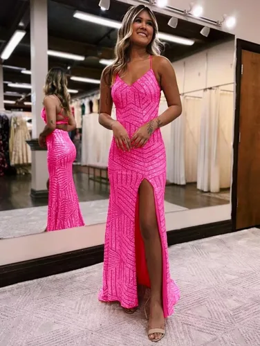 Miniatura 4 de TIRAS Vestidos de fiesta de lentejuelas de sirena 2024 cuello en V brillante correa de espagueti formal vestido de fiesta de noche con abertura CM251