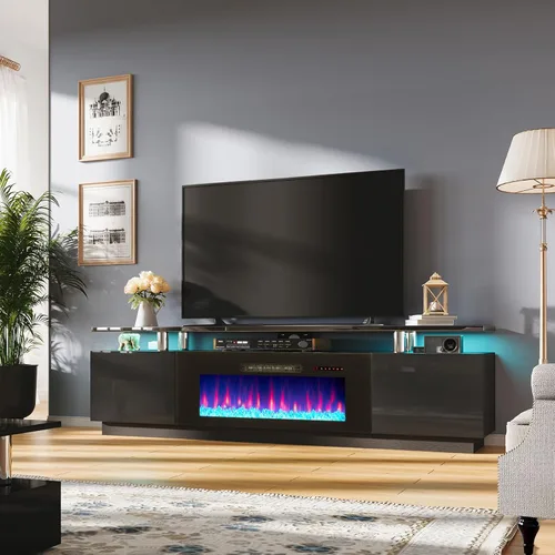 Miniatura 10 de AMERLIFE Soporte de TV con chimenea de 36 pulgadas, luces LED modernas para centro de entretenimiento de 70 pulgadas, armario de consola de TV de 2