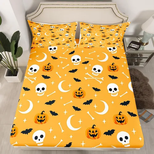 Miniatura 11 de Juego de ropa de cama de Halloween con patrón de sombras kawaii, sábana bajera tamaño queen, decoraciones de calabaza, luces de calabaza góticas