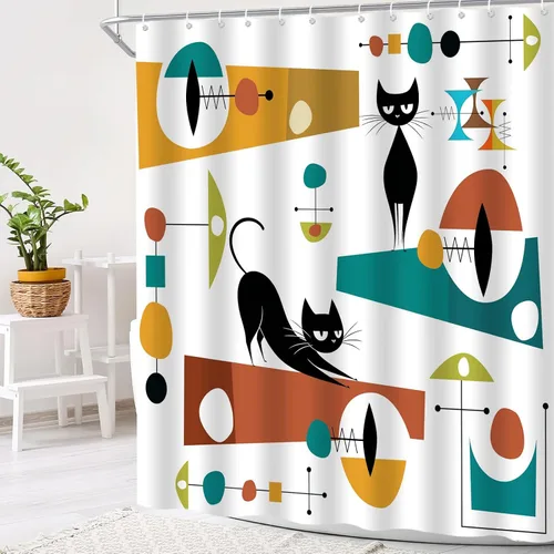 Mid Century Black Cat Shower Curtain Modern Atomic Abstract Geometric Iconic Pattern Retro Black Kitty Animal 1950s 1960s Vintage Funny Teal Fabric